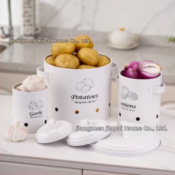 Apvalus galvanizuoto plieno sandėliavimo indas bulvėms, svogūnams ir česnakams su kvėpuojančiomis angomis — daugiafunkcinė metalo sandėliavimo komplektas, talpa virš 5 L, su spausdintu logotipu