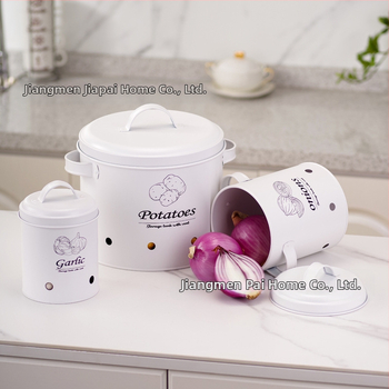 Apvalus galvanizuoto plieno sandėliavimo indas bulvėms, svogūnams ir česnakams su kvėpuojančiomis angomis — daugiafunkcinė metalo sandėliavimo komplektas, talpa virš 5 L, su spausdintu logotipu