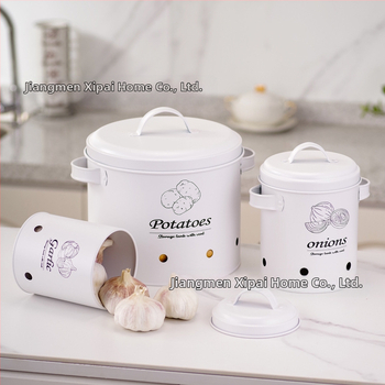 Apvalus galvanizuoto plieno sandėliavimo indas bulvėms, svogūnams ir česnakams su kvėpuojančiomis angomis — daugiafunkcinė metalo sandėliavimo komplektas, talpa virš 5 L, su spausdintu logotipu