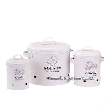 Apvalus galvanizuoto plieno sandėliavimo indas bulvėms, svogūnams ir česnakams su kvėpuojančiomis angomis — daugiafunkcinė metalo sandėliavimo komplektas, talpa virš 5 L, su spausdintu logotipu