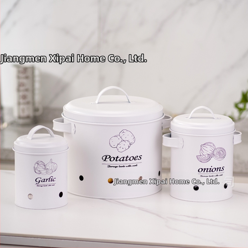 Apvalus galvanizuoto plieno sandėliavimo indas bulvėms, svogūnams ir česnakams su kvėpuojančiomis angomis — daugiafunkcinė metalo sandėliavimo komplektas, talpa virš 5 L, su spausdintu logotipu