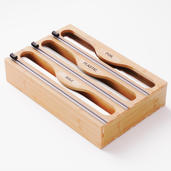 Bambusinė virtuvės stalčiaus organizatorius su magnetiniu pjovikliu aliuminio folijai ir plastinei plėvelei – daugiasluoksė sandėliavimo dėžutė