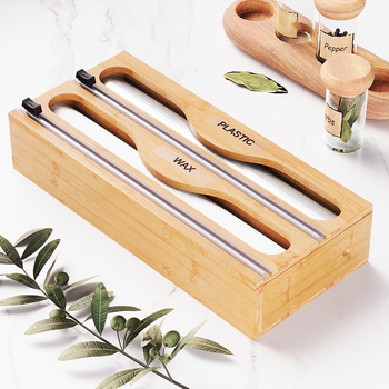 Bambusinė virtuvės stalčiaus organizatorius su magnetiniu pjovikliu aliuminio folijai ir plastinei plėvelei – daugiasluoksė sandėliavimo dėžutė