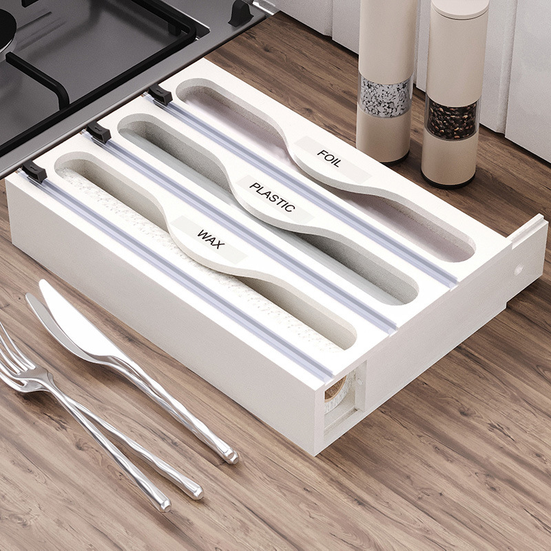 Bambusinė virtuvės stalčiaus organizatorius su magnetiniu pjovikliu aliuminio folijai ir plastinei plėvelei – daugiasluoksė sandėliavimo dėžutė