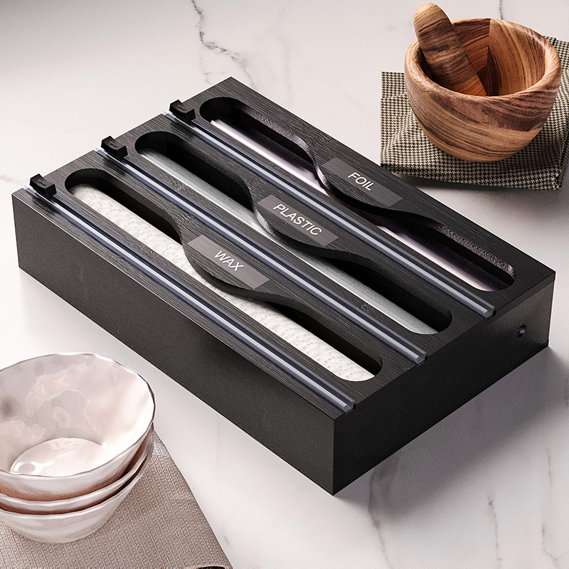 Bambusinė virtuvės stalčiaus organizatorius su magnetiniu pjovikliu aliuminio folijai ir plastinei plėvelei – daugiasluoksė sandėliavimo dėžutė