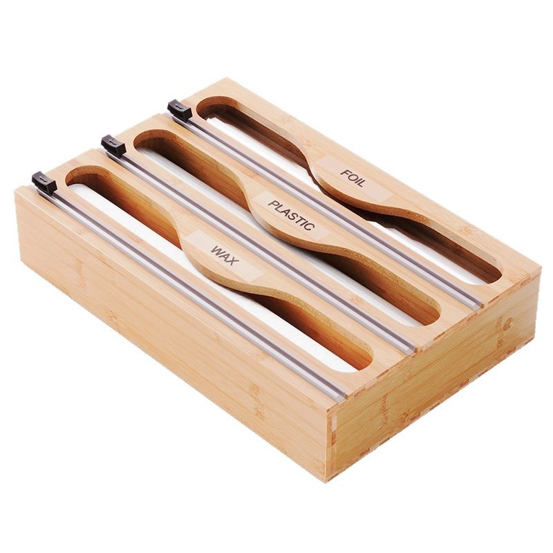Bambusinė virtuvės stalčiaus organizatorius su magnetiniu pjovikliu aliuminio folijai ir plastinei plėvelei – daugiasluoksė sandėliavimo dėžutė