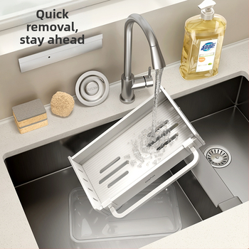 Πλαστικό αποθηκευτικό ράφι για σφουγγάρια και βούρτσες κουζίνας — κρεμάμενο στον τοίχο χωρίς τρύπες, φορητό, πολλαπλών χρήσεων, με καλάθι αποστράγγισης.