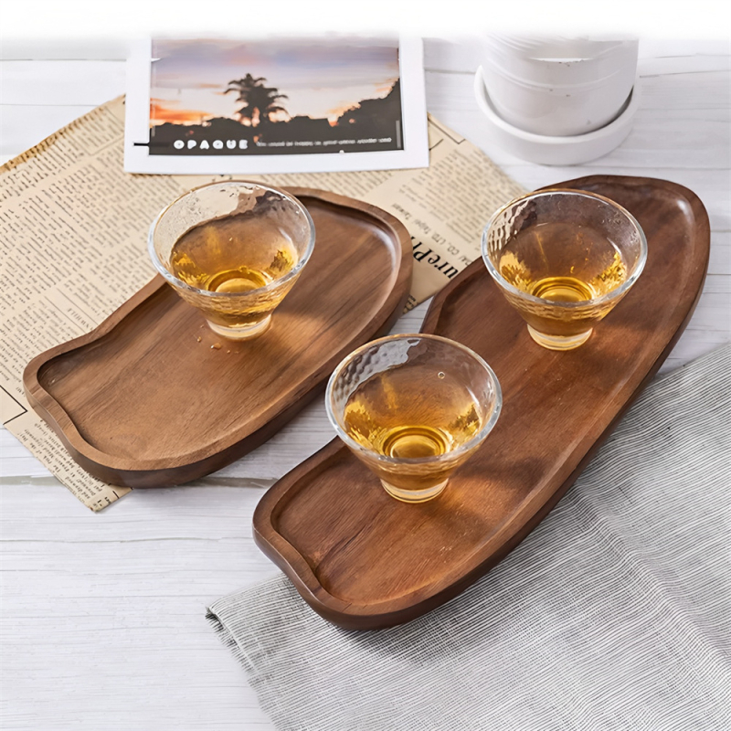 Japonijos stiliaus akacijos medinis padėklas virtuvei – vaisių ekspozicijai ir daugiafunkciniam arbatos puodelio padėklui