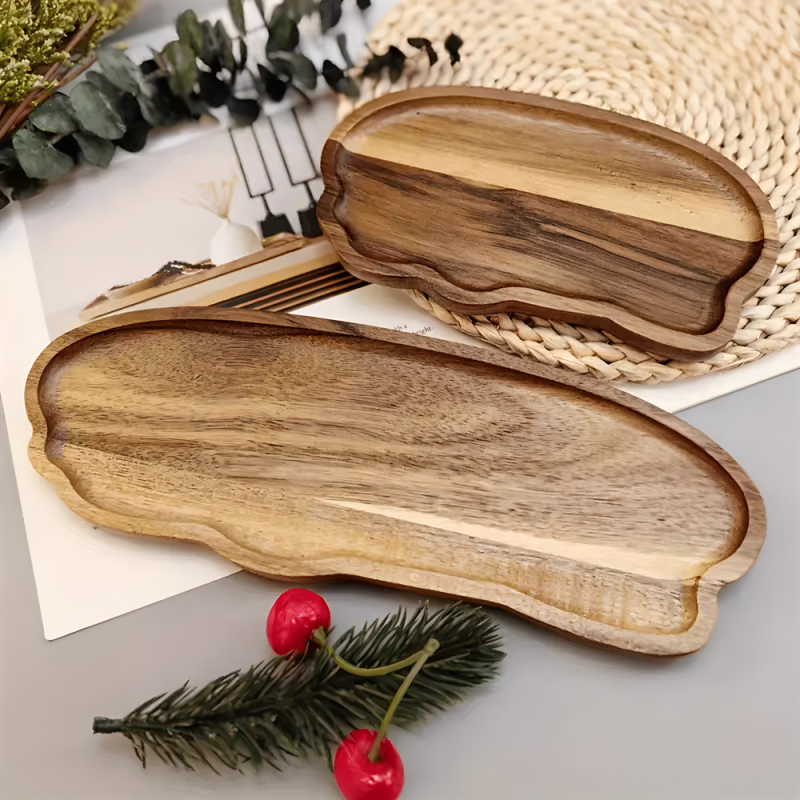 Japonijos stiliaus akacijos medinis padėklas virtuvei – vaisių ekspozicijai ir daugiafunkciniam arbatos puodelio padėklui