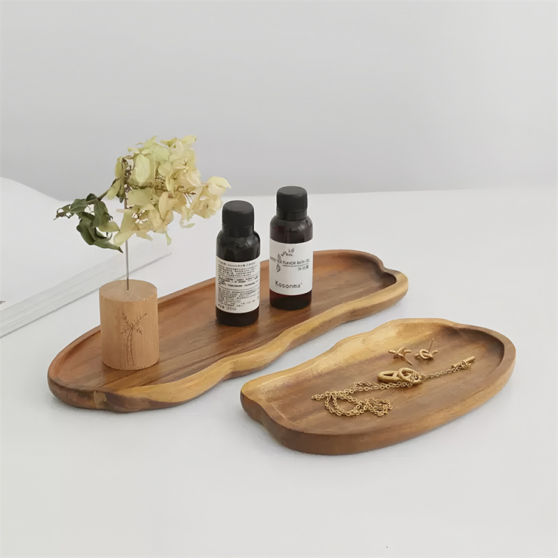 Japonijos stiliaus akacijos medinis padėklas virtuvei – vaisių ekspozicijai ir daugiafunkciniam arbatos puodelio padėklui