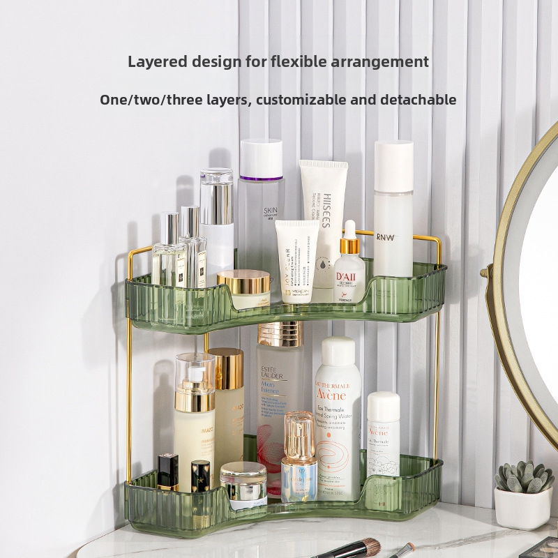 Kozmetikai sarokasztali tároló, kétszintes, műanyag és vas, testreszabható