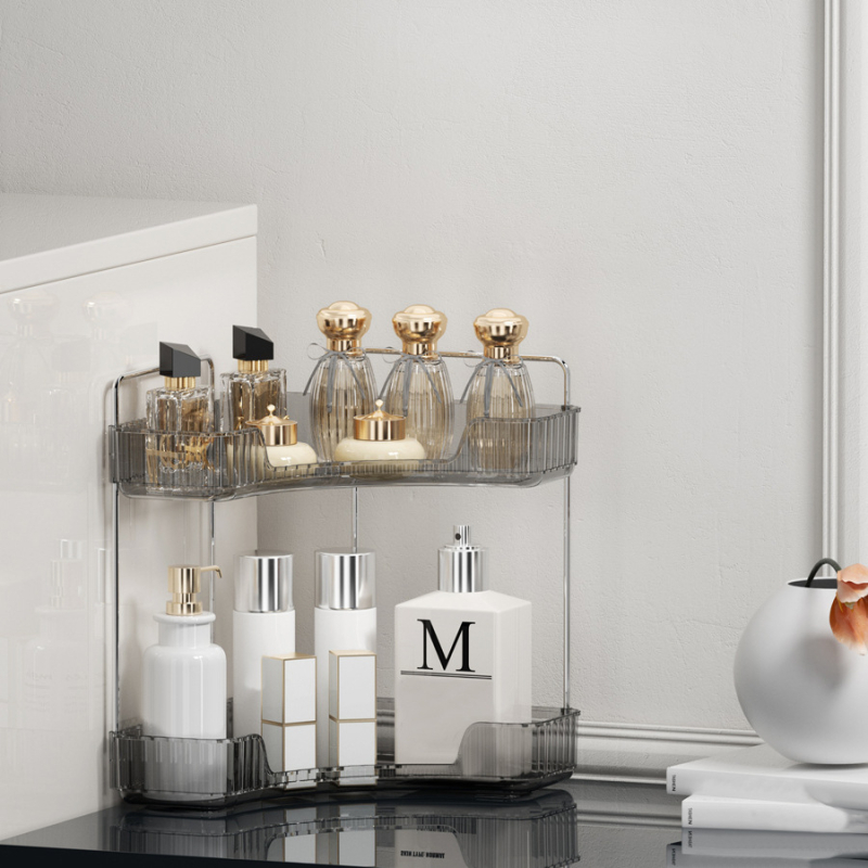 Kozmetikai sarokasztali tároló, kétszintes, műanyag és vas, testreszabható