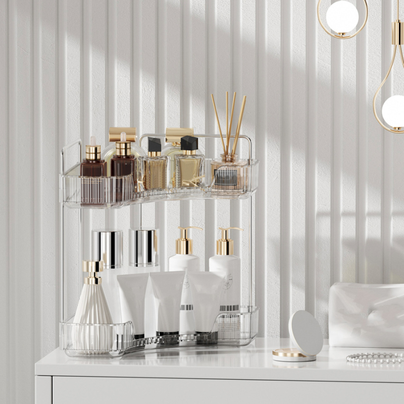 Kozmetikai sarokasztali tároló, kétszintes, műanyag és vas, testreszabható