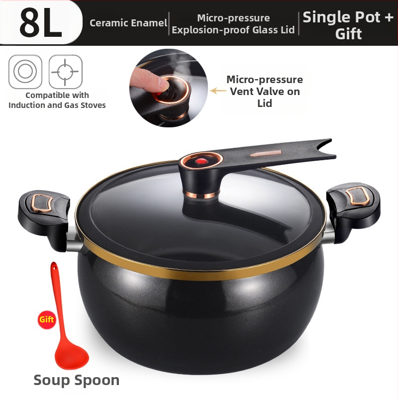 Супова тенджера с емайлирано емайлирано керамично дъно, микро‑пресова система, стъклен капак, неприлепващо покритие, капацитет над 5 л