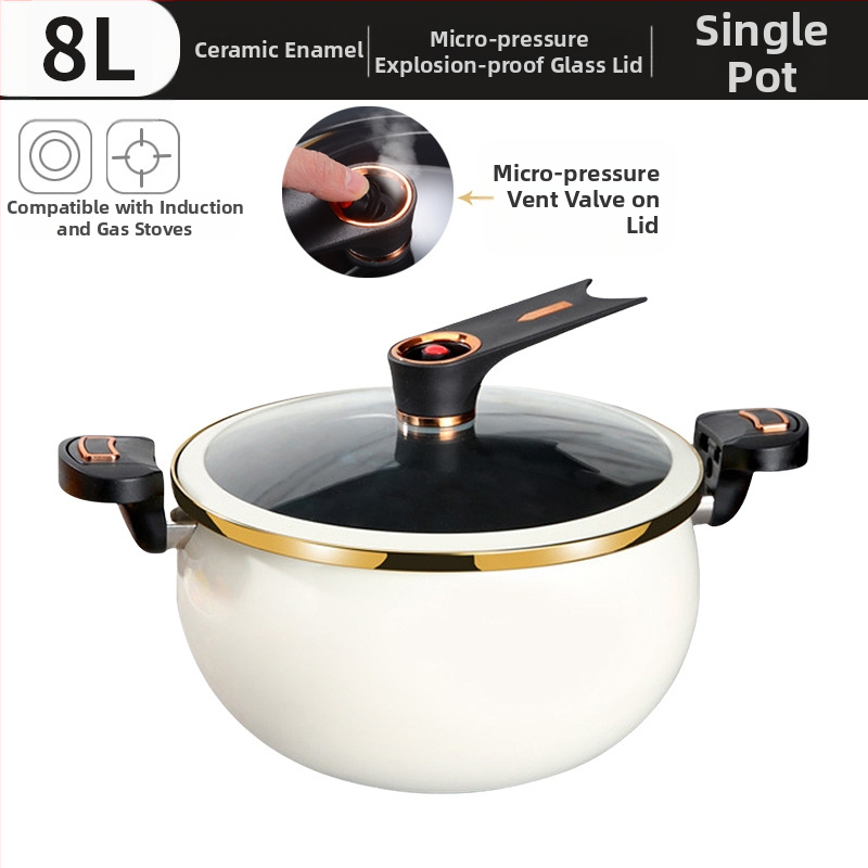 Супова тенджера с емайлирано емайлирано керамично дъно, микро‑пресова система, стъклен капак, неприлепващо покритие, капацитет над 5 л