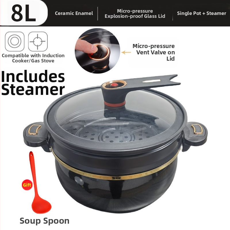 Супова тенджера с емайлирано емайлирано керамично дъно, микро‑пресова система, стъклен капак, неприлепващо покритие, капацитет над 5 л