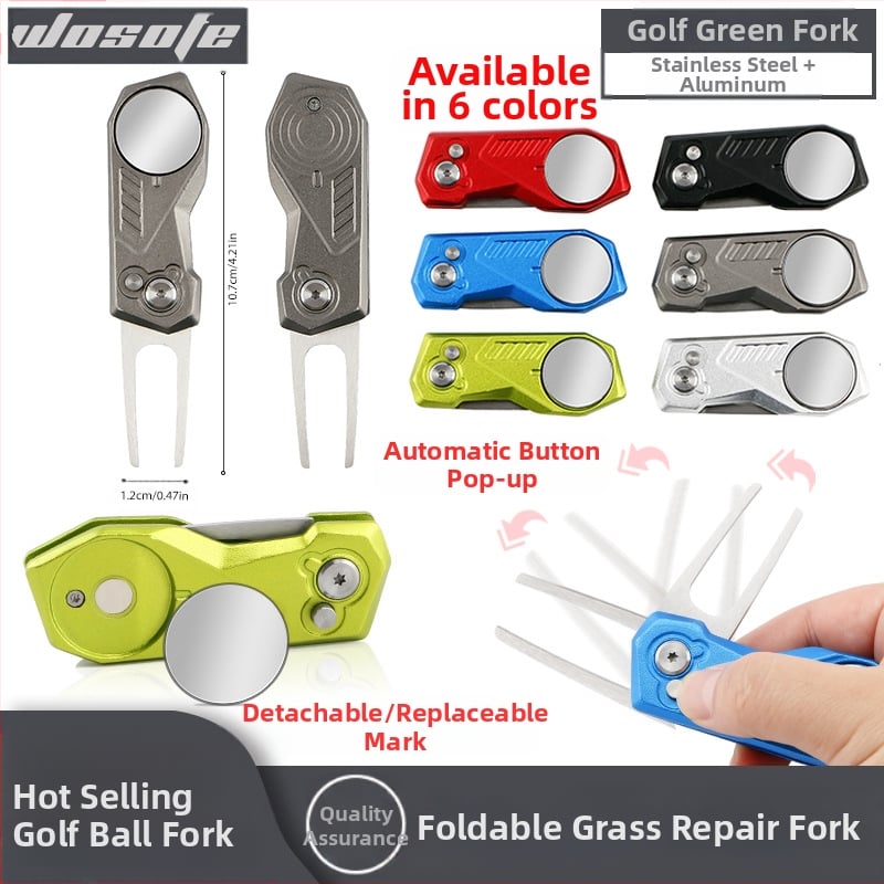 Golf Green Fork – сгъваем голф аксесоар, изработен от неръждаема стомана и алуминий, марка wosofe, с отпечатано лого