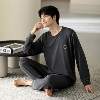 Vyriniai medvilniniai pižamos komplektas, ilgomis rankovėmis, 95–100% medvilnė, pavasaris–ruduo, paprastas kasdienio stiliaus