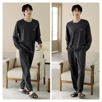 Vyriniai medvilniniai pižamos komplektas, ilgomis rankovėmis, 95–100% medvilnė, pavasaris–ruduo, paprastas kasdienio stiliaus