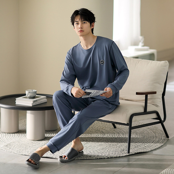 Vyriniai medvilniniai pižamos komplektas, ilgomis rankovėmis, 95–100% medvilnė, pavasaris–ruduo, paprastas kasdienio stiliaus