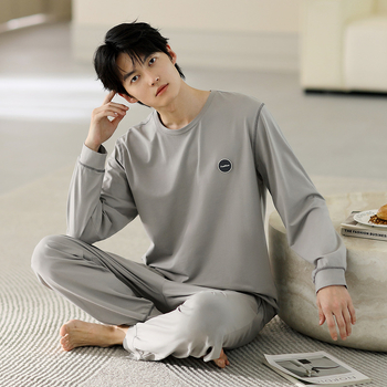 Vyriniai medvilniniai pižamos komplektas, ilgomis rankovėmis, 95–100% medvilnė, pavasaris–ruduo, paprastas kasdienio stiliaus