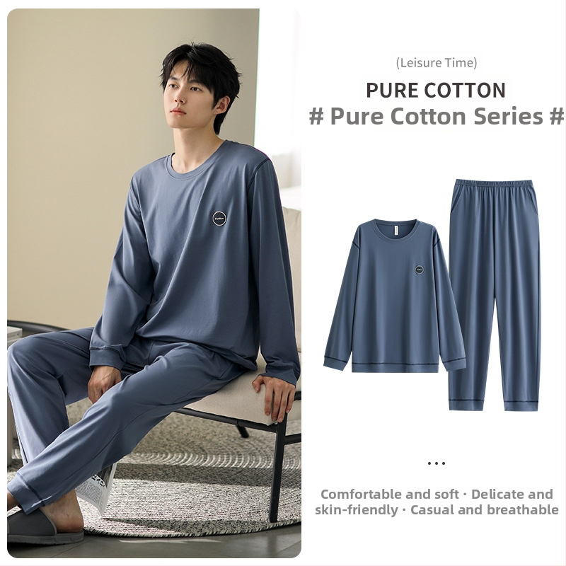 Vyriniai medvilniniai pižamos komplektas, ilgomis rankovėmis, 95–100% medvilnė, pavasaris–ruduo, paprastas kasdienio stiliaus