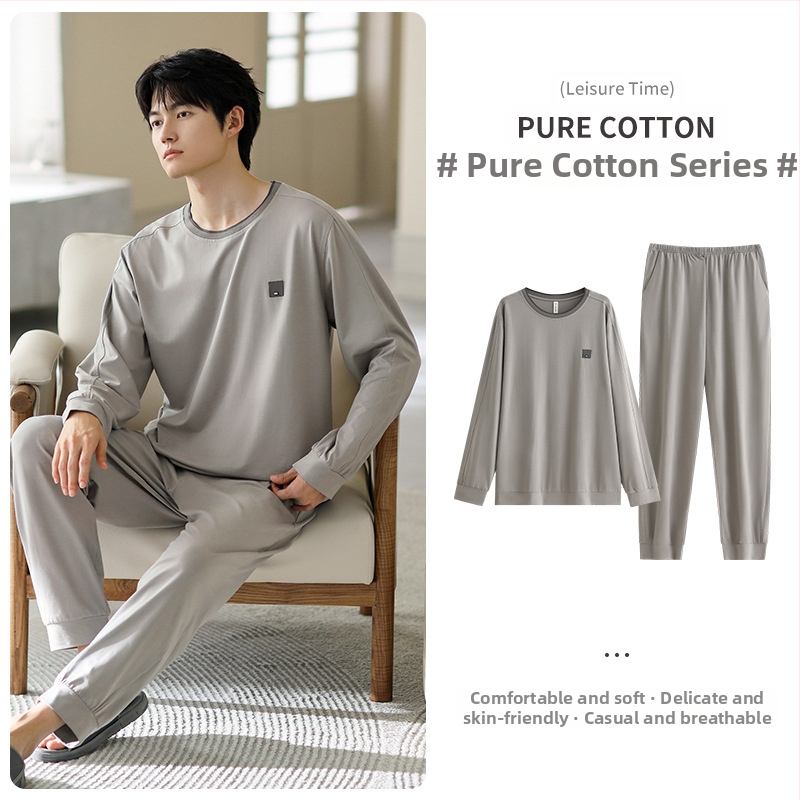 Vyriniai medvilniniai pižamos komplektas, ilgomis rankovėmis, 95–100% medvilnė, pavasaris–ruduo, paprastas kasdienio stiliaus