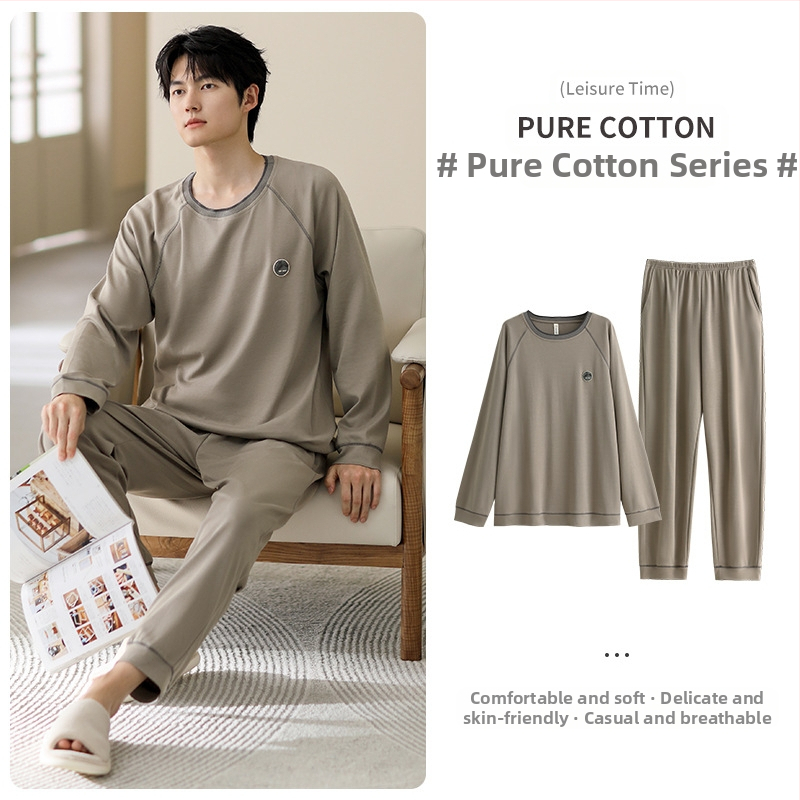 Vyriniai medvilniniai pižamos komplektas, ilgomis rankovėmis, 95–100% medvilnė, pavasaris–ruduo, paprastas kasdienio stiliaus