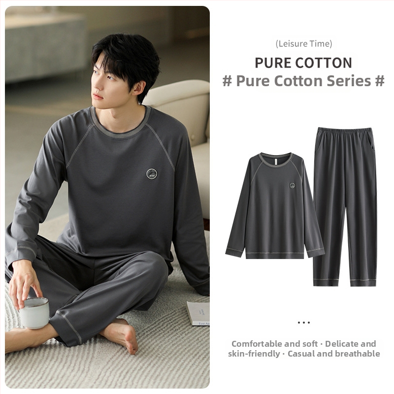 Vyriniai medvilniniai pižamos komplektas, ilgomis rankovėmis, 95–100% medvilnė, pavasaris–ruduo, paprastas kasdienio stiliaus
