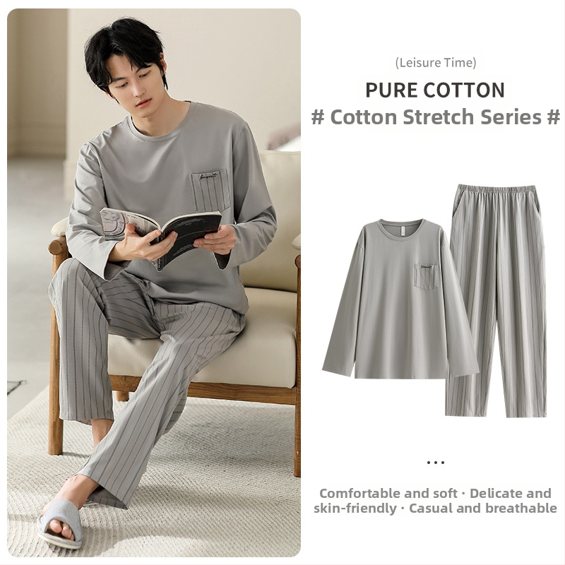 Vyriniai medvilniniai pižamos komplektas, ilgomis rankovėmis, 95–100% medvilnė, pavasaris–ruduo, paprastas kasdienio stiliaus