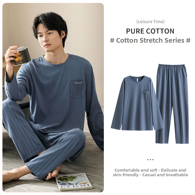 Vyriniai medvilniniai pižamos komplektas, ilgomis rankovėmis, 95–100% medvilnė, pavasaris–ruduo, paprastas kasdienio stiliaus