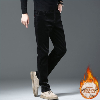 Παντελόνια από καδούρι βαμβάκι, ίσια γραμμή, μεσαία μέση, φερμουάρ, φλις ύφασμα