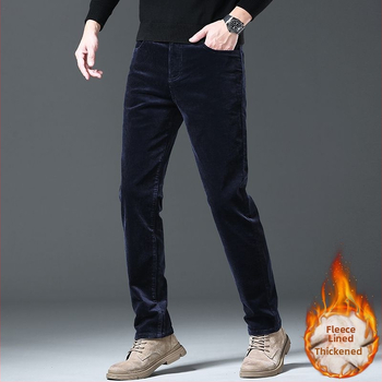 Παντελόνια από καδούρι βαμβάκι, ίσια γραμμή, μεσαία μέση, φερμουάρ, φλις ύφασμα