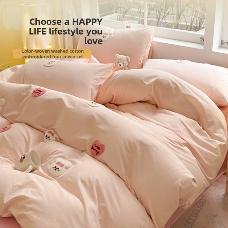 Četru daļu gultas veļas komplekts ar sheet-type dizainu, mūsdienīgs minimālisma stils, reaaktīvā krāsošana audumam, ķīmiskas šķiedras