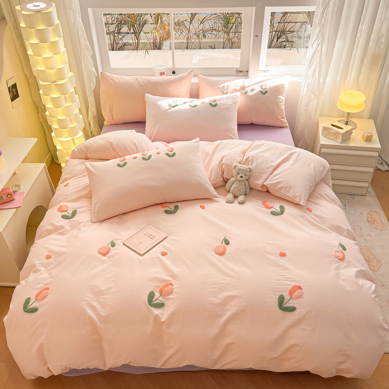 Četru daļu gultas veļas komplekts ar sheet-type dizainu, mūsdienīgs minimālisma stils, reaaktīvā krāsošana audumam, ķīmiskas šķiedras