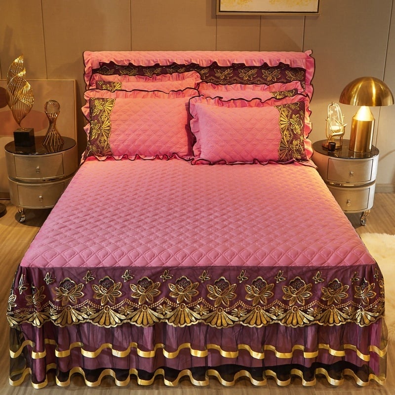 Trys dalių komplektas: Quiltuotas kristalinis velvet lovos sijonas, pilies stilius, vieno spalvos raštas