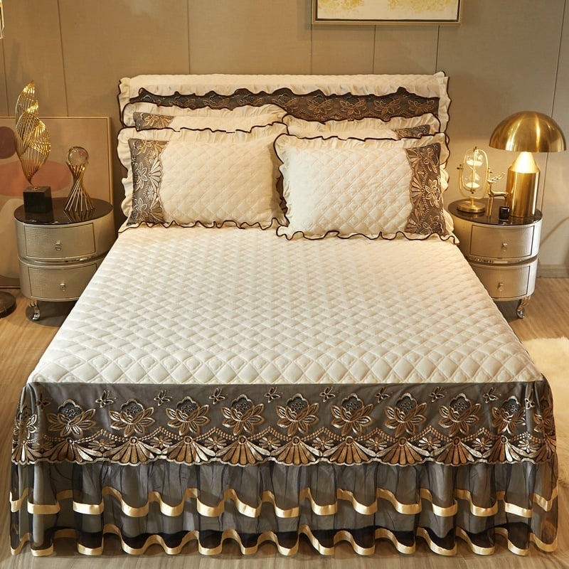 Trys dalių komplektas: Quiltuotas kristalinis velvet lovos sijonas, pilies stilius, vieno spalvos raštas