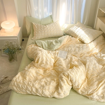 Комплект спално бельо от четири части – полиестер, реактивно печатане и боядисване, едноцветен модел, тип чаршаф, INS стил, корейски момичешки стил