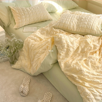 Комплект спално бельо от четири части – полиестер, реактивно печатане и боядисване, едноцветен модел, тип чаршаф, INS стил, корейски момичешки стил