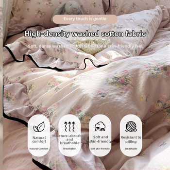 Памучен комплект за спалня от четири части, измит памук, реактивно печатане и боядисване, модел растения и цветя, пасторален стил.