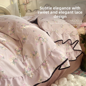 Памучен комплект за спалня от четири части, измит памук, реактивно печатане и боядисване, модел растения и цветя, пасторален стил.