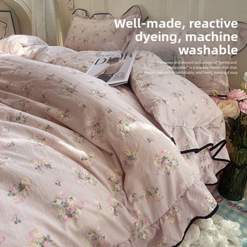 Памучен комплект за спалня от четири части, измит памук, реактивно печатане и боядисване, модел растения и цветя, пасторален стил.