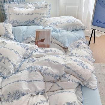 Памучен четириделен комплект спално бельо с мотиви сърца и цветя, пасторален стил, плоска тъкан, реактивно боядисване