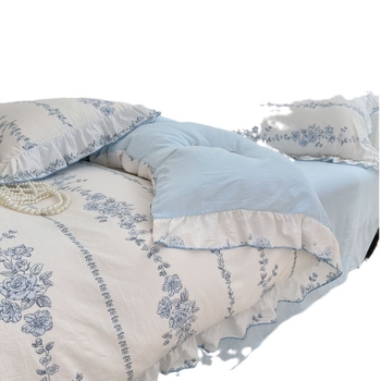 Памучен четириделен комплект спално бельо с мотиви сърца и цветя, пасторален стил, плоска тъкан, реактивно боядисване