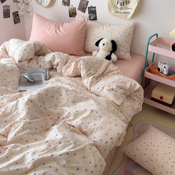 Κάλυμμα παπλωμάτων με μοτίβο καρτούν και φυτών, πλυμένο βαμβάκι, ραφή quilted, αντιδραστική εκτύπωση και βαφή, INS στυλ