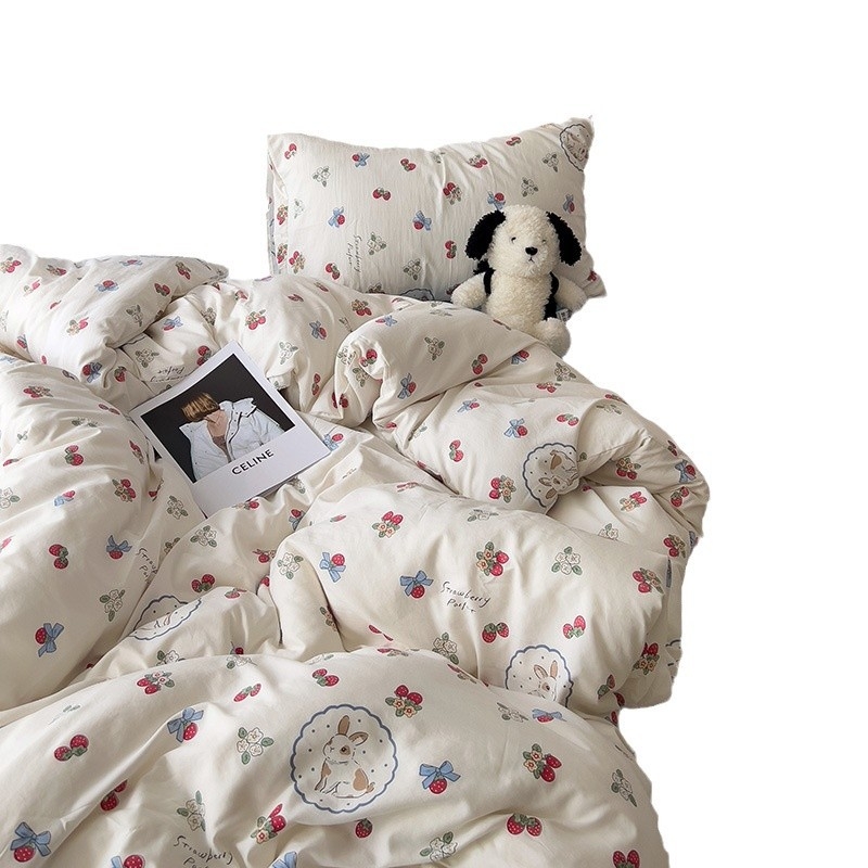 Κάλυμμα παπλωμάτων με μοτίβο καρτούν και φυτών, πλυμένο βαμβάκι, ραφή quilted, αντιδραστική εκτύπωση και βαφή, INS στυλ