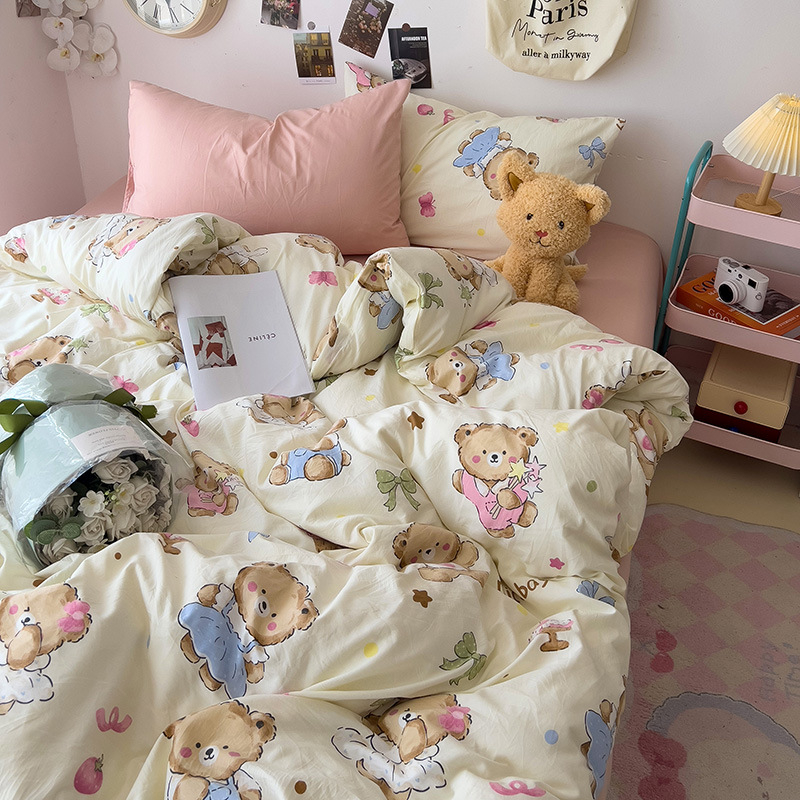 Κάλυμμα παπλωμάτων με μοτίβο καρτούν και φυτών, πλυμένο βαμβάκι, ραφή quilted, αντιδραστική εκτύπωση και βαφή, INS στυλ