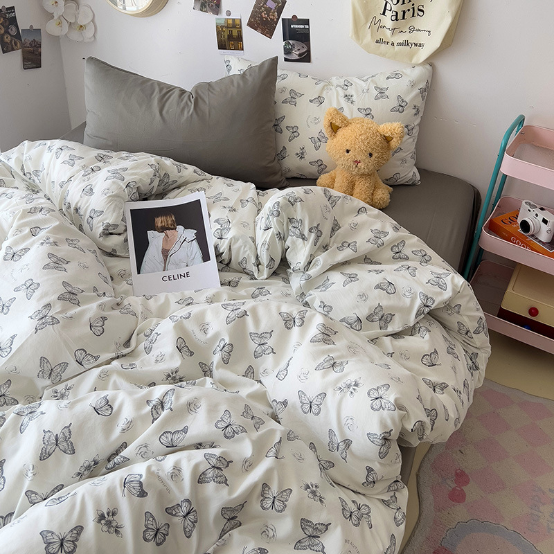 Κάλυμμα παπλωμάτων με μοτίβο καρτούν και φυτών, πλυμένο βαμβάκι, ραφή quilted, αντιδραστική εκτύπωση και βαφή, INS στυλ