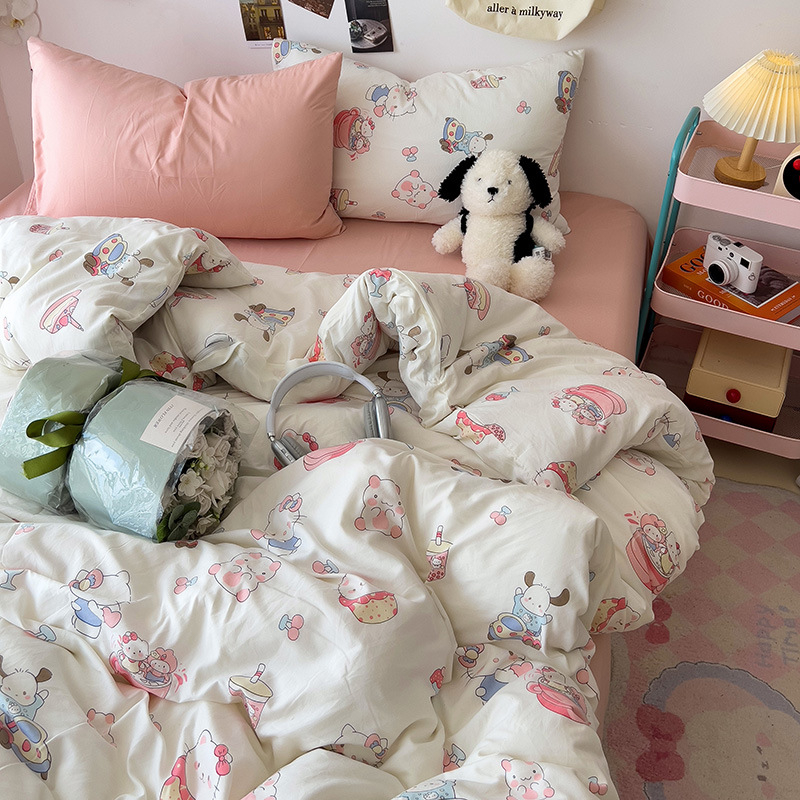 Κάλυμμα παπλωμάτων με μοτίβο καρτούν και φυτών, πλυμένο βαμβάκι, ραφή quilted, αντιδραστική εκτύπωση και βαφή, INS στυλ