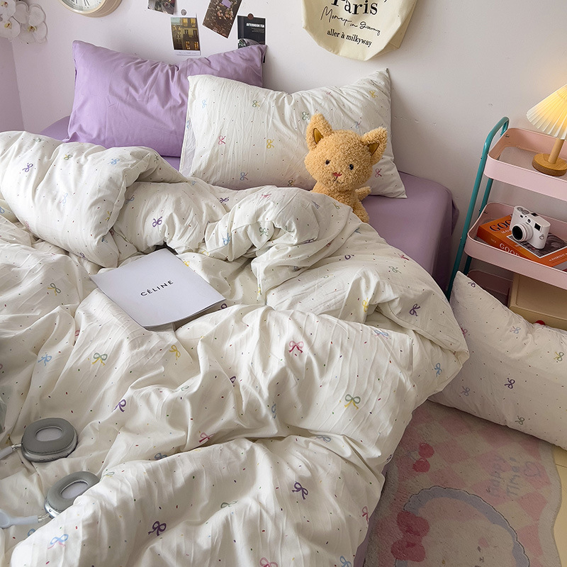 Κάλυμμα παπλωμάτων με μοτίβο καρτούν και φυτών, πλυμένο βαμβάκι, ραφή quilted, αντιδραστική εκτύπωση και βαφή, INS στυλ